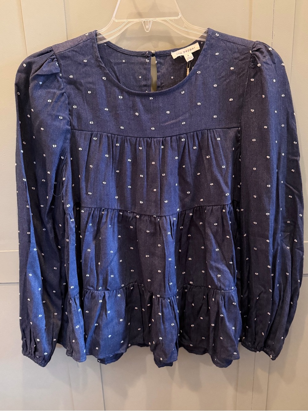 Blu Pepper Denim Tiered Peasant Blouse with White Dot Print